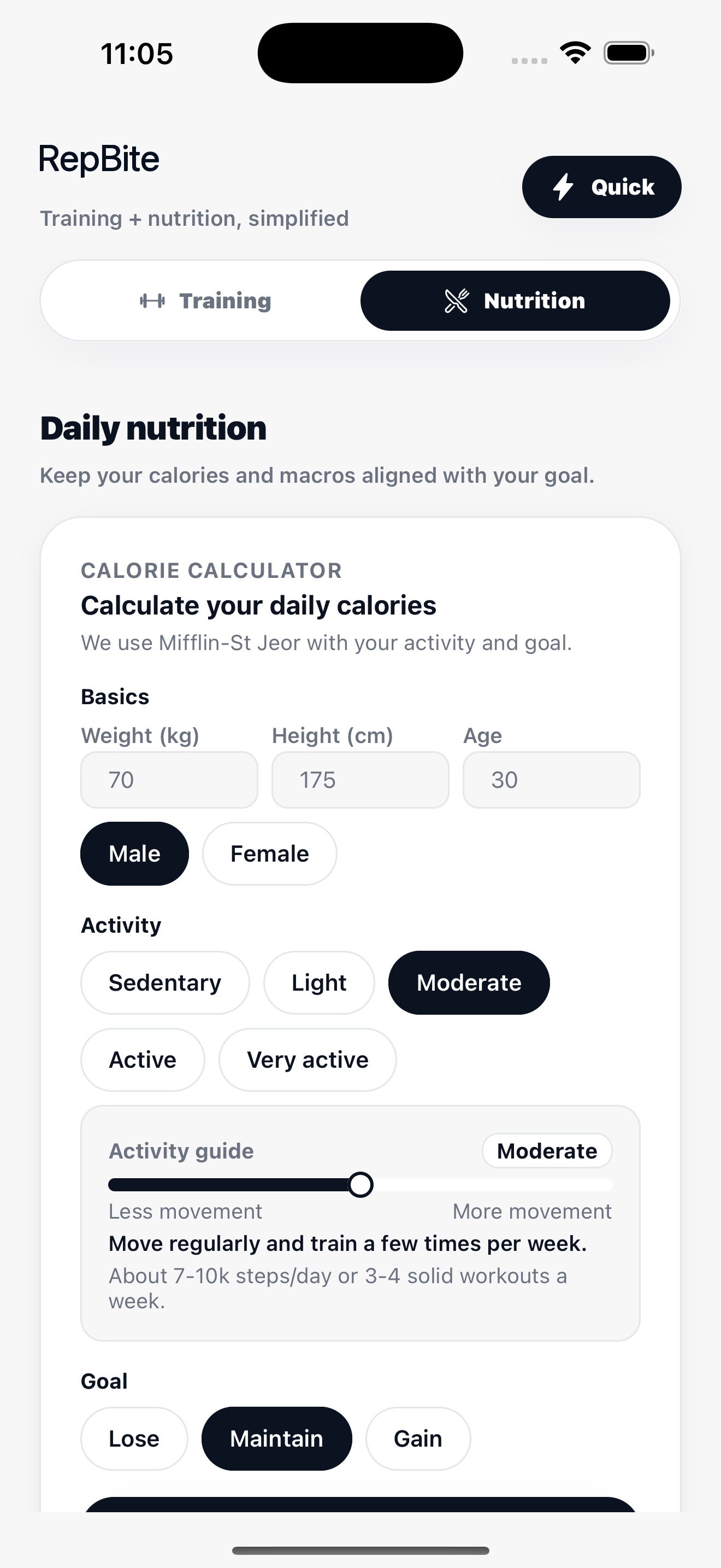 RepBite nutrition target calculator on iPhone