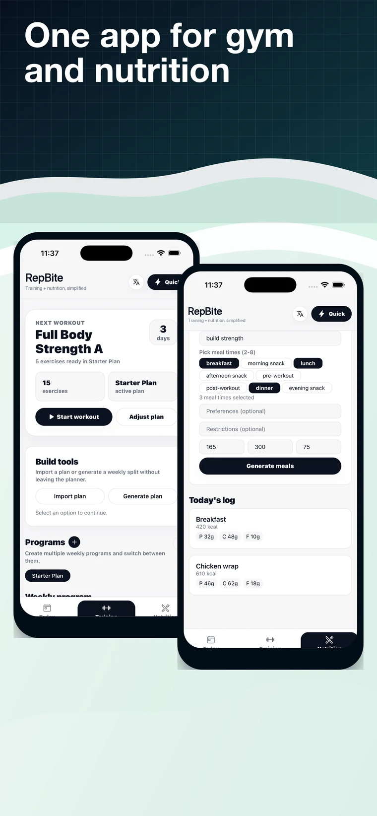 RepBite home screen showing gym and nutrition in one app