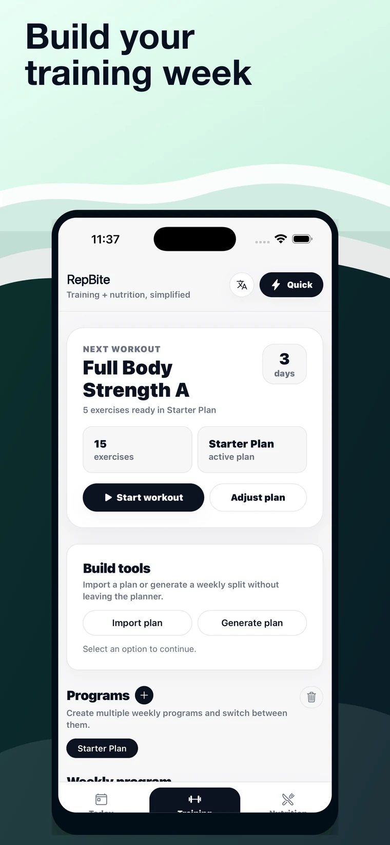 RepBite screen for building a training week