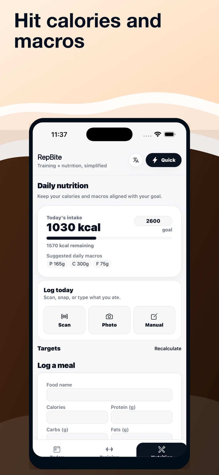 RepBite calories and macros screen