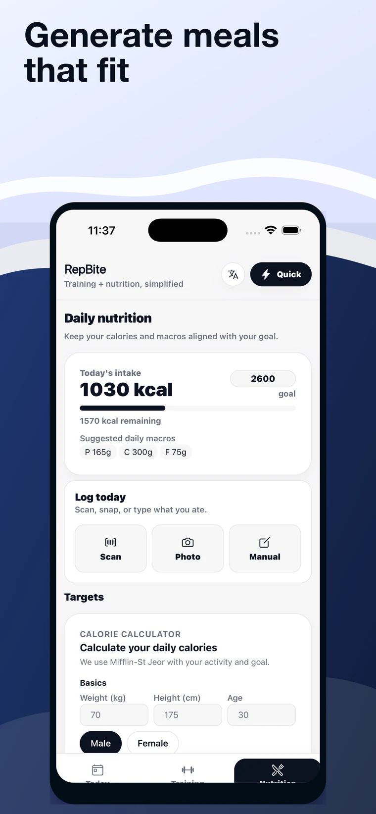 RepBite meal generation screen