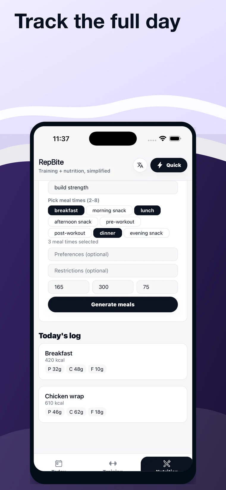 RepBite full day tracking screen